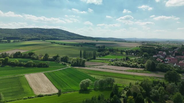Aerial Panorama of Rural Countryside and Hills in Poland on Sunny Day