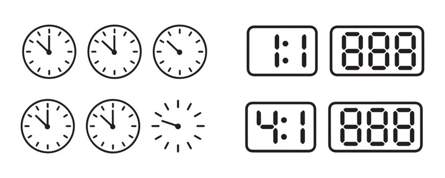 Set of analog clock faces and digital displays showing different times on transparent background.