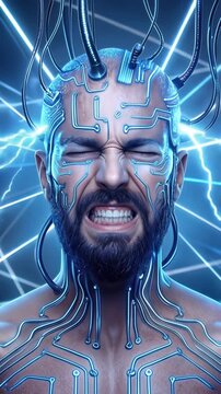 Bearded man undergoing neural interface connection with glowing circuit patterns on skin. Futuristic human augmentation and brain-computer link. Close-up shot with subtle camera tilt.