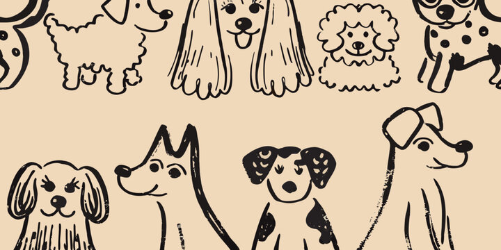 Sketch Of Various Dog Breeds Hand Drawn Illustration On Beige Background