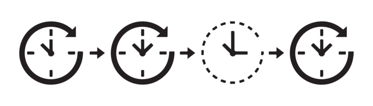 History clock icons collection showing time progress and update sequence with circular arrows and dashed lines.