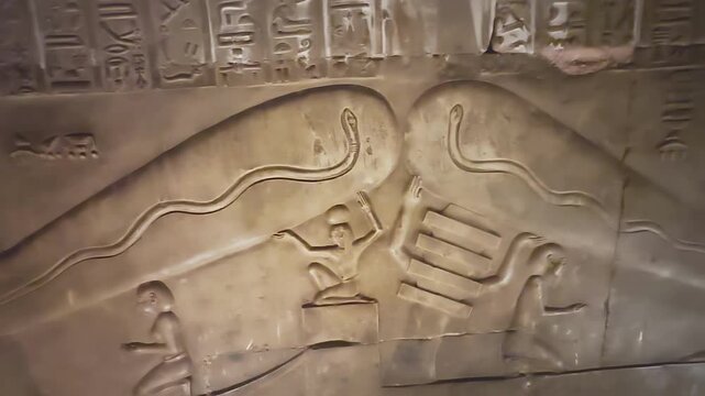 Beautiful bas-reliefs and ancient hieroglyphs from the Dendera Temple Complex, Qena, Egypt.
