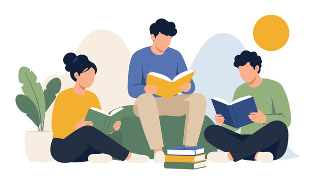 Three Readers Sitting Together Reading Books.
