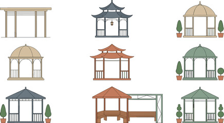 Garden Gazebo Pavilion and Pergola Elevation Architectural Set with Asian Pagoda, Dome Roof, and Topiary Potted Plants for Backyard Landscape Designs © MD SOJIB 