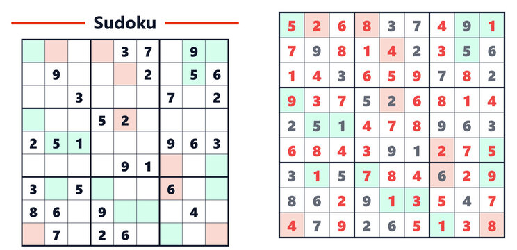 Sudoku puzzle example with number grid and solved solution  