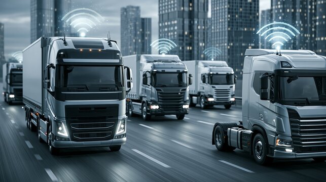 Medium shot of a fleet of commercial vehicles equipped with sensorenabled alternators transmitting health status for centralized monitoring and management.