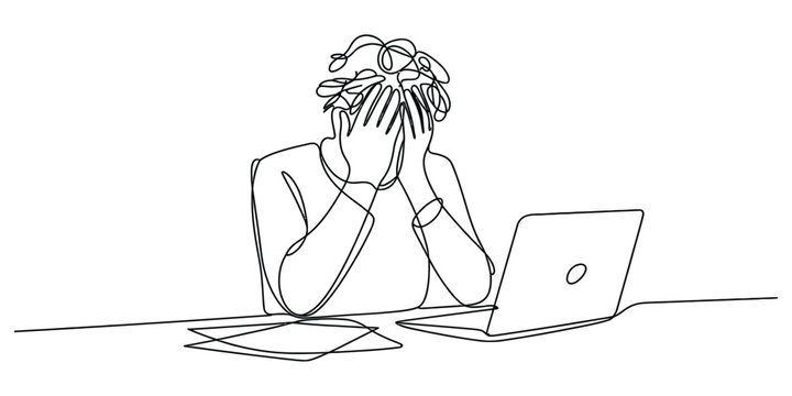 Continuous line drawing of a stressed person sitting at a desk with a laptop