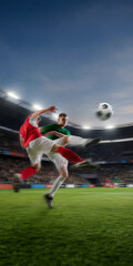 Soccer players jumping for ball during intense match with motion blur. Concept of football club promo, youth sports training, tournament coverage, gear ads and match highlights. © master1305