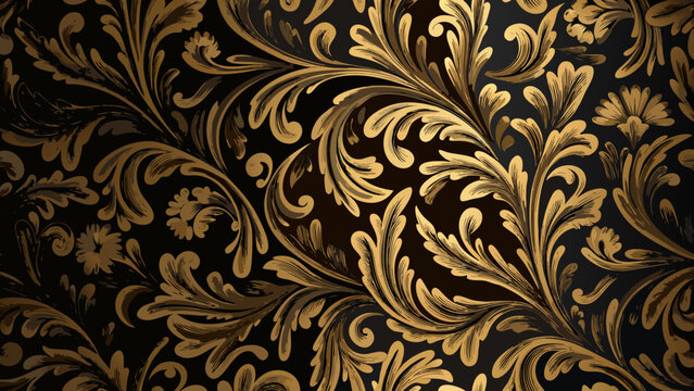 Ornate floral ornament a seamless repeating vector pattern with golden leaves and swirling arabesques on a dark background arabesque acanthus baroque