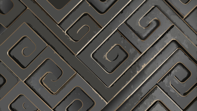 Interlocking geometric pattern with swirling motifs a dark gray and gold vector illustration design swirls spirals maze labyrinth repeating digital art