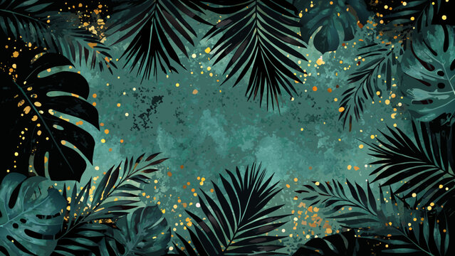 Tropical foliage pattern features dark green monstera and palm leaves against a textured teal background botanical jungle rainforest plantlife flora greenery