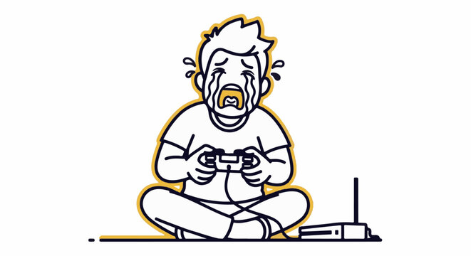 Frustrated cartoon gamer playing video game intensely.