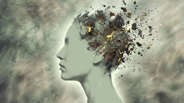 Disintegrating mind, shattered thoughts, mental breakdown, psychological turmoil