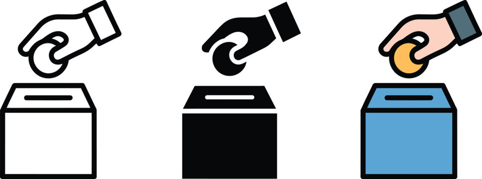 Donation box with hand inserting coin, icons in outline, solid, and colored styles and charity and giving money