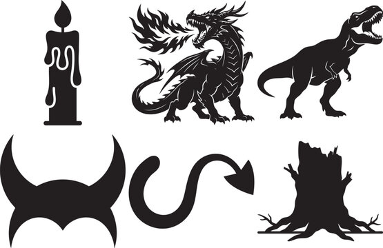 Fantasy silhouette collection dragon dinosaur candle horns tail stump isolated on transparent background