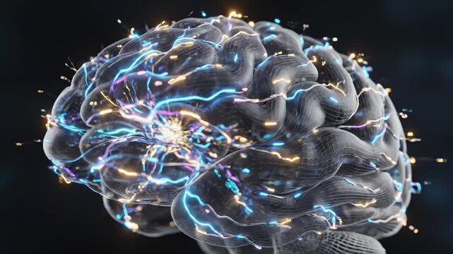 Illustration of a brain with neural activity emphasizing futuristic concepts and connectivity