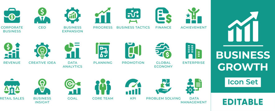 Business Growth Corporate Strategy Data Analytics Digital Marketing Vector Icon Set