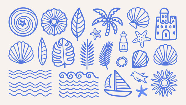 Collection of blue line art illustrations depicting seashells tropical leaves waves and nautical elements line art illustration vector graphic seashell shell spiral