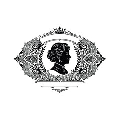 Elegant female profile portrait within ornate vintage frame vector illustration line art. © MdKhalidIbneMahbub
