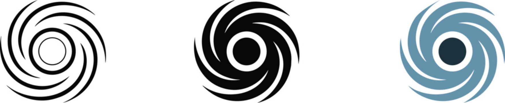 Swirling hurricane storm icons set in outline, solid black, and colored blue styles, representing meteorological phenomena and weather, cyclone