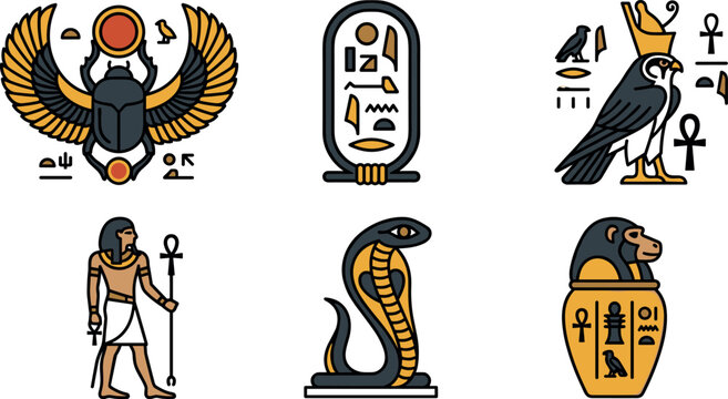 Ancient Egyptian Hieroglyphics and Sacred Symbol Icon Set with Scarab Beetle, Winged Sun, Horus Falcon, Cobra, and Canopic Jar for History Branding Designs