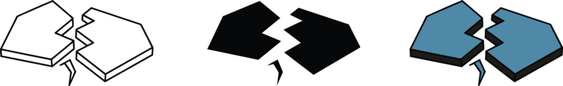 Broken connection icon, representing disconnection or relationship breakdown, rendered in outline, solid, and colored styles for versatility and piece