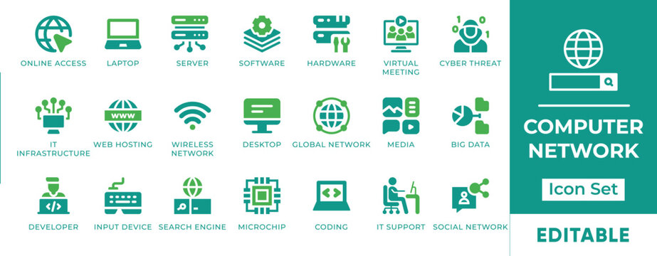 Computer Network, IT Infrastructure, Software and Hardware Vector Icon Set