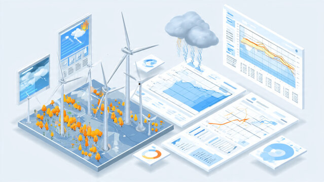 Modern renewable energy analysis with wind turbines and data charts in a technological setting
