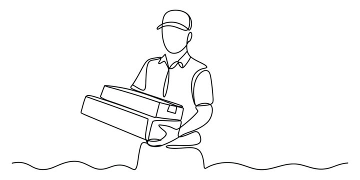 Continuous line drawing of a delivery man holding a cardboard box