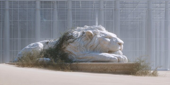 a huge, sleeping white statue of the monkey king, with vines growing on it, stands in front of an abandoned building made of glass and steel.