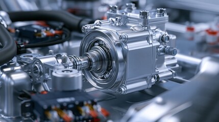 Fototapeta premium Close medium shot capturing compact EPS motor installation for city cars emphasizing meticulous assembly of compact housing and electronic connections.