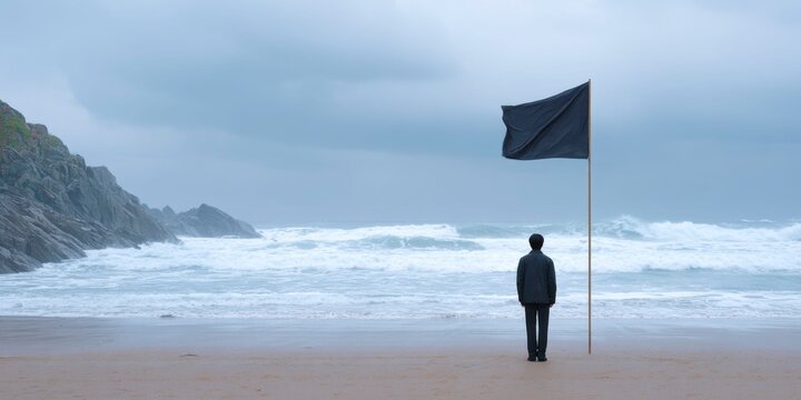 a man stands on the beach, looking at an empty black flag standing in front of him, against a cloudy sky and crashing sea waves.