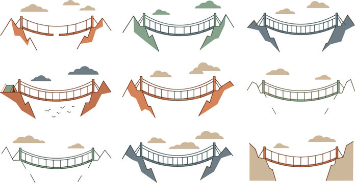 Suspension Rope Bridge Game Asset Set with Mountain Cliffs Clouds and Broken Walkways for Side Scroller Platformer Adventure Layout Designs
