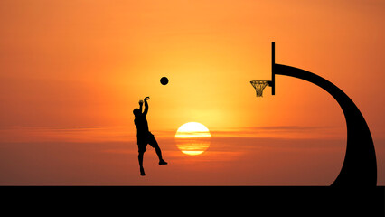 Silhouette of a basketball player shooting a hoop during sunset. The player is in mid-air, with the ball in position to score. The setting sun casts a warm glow over the scene. ©  2026stockx