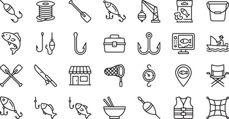 Fishing and Angling Line Icons Set – Fishing Tackle, Gear, and Marine Equipment Vector Elements © Open Expression