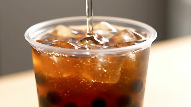 Tea is pouring into a boba tea cup