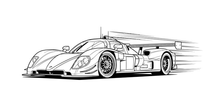 Dynamic modern GT racing supercar illustration, depicted with highly detailed monochrome lines, showcasing its speed and advanced aerodynamic design on the track