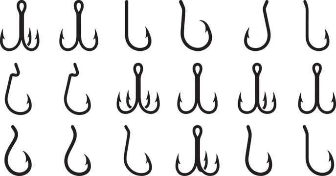 Fishing Hooks Silhouette Vector Set &ndash; Assorted Single, Double, and Treble Angling Hooks Graphic Elements