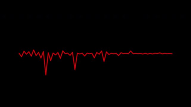 Red neon waveform resembling a heartbeat signal, audio visualizer lines, music equalizer pulse bars, digital spectrum motion graphic