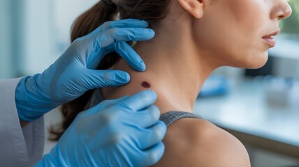Fototapeta premium A doctor examines a mole on a womans neck in a medical setting for skin cancer