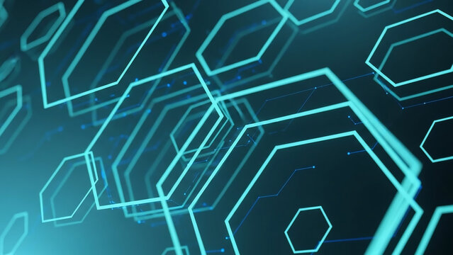 Abstract Digital Background with Glowing Cyan Hexagons and Data Lines