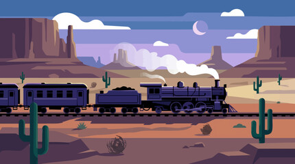 Flat Design Illustration of a Steam Train in a Western Desert at Dusk © Creative Layer