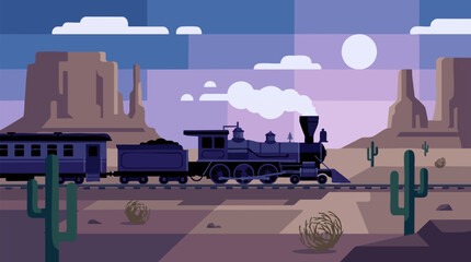 Flat design illustration of a steam train traveling through a desert landscape at dusk © Creative Layer