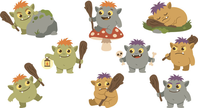 Cute Baby Troll Monster Character Set with Wooden Clubs and Various Cute Poses for Fantasy Games, Fairy Tale Books, and Graphic Designs