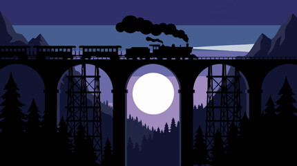Silhouette of a train on a viaduct under a full moon at night © Creative Layer