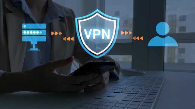 Modern VPN technology for safe browsing, protected data transfer, secure network access and cybersecurity on internet connection background.