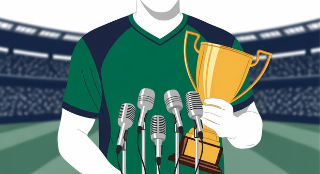 Soccer player holding trophy at press conference in stadium
