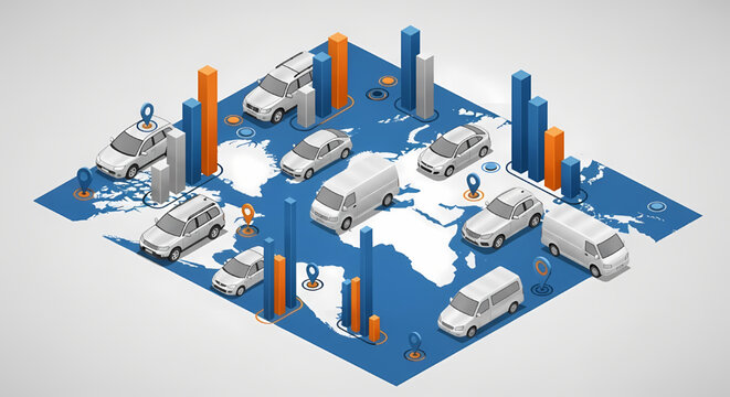 Global logistics and automotive distribution map with transport vehicles and data charts