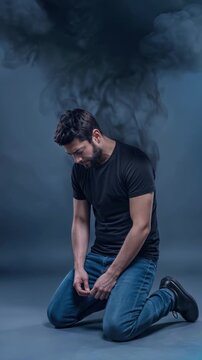 Desperate man kneeling with dark smoke rising from his back. Conceptual representation of mental burden and internal struggle. Lockdown medium shot.