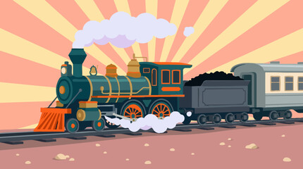 Colorful Cartoon Steam Train with Passenger and Coal Cars on Tracks © Creative Layer